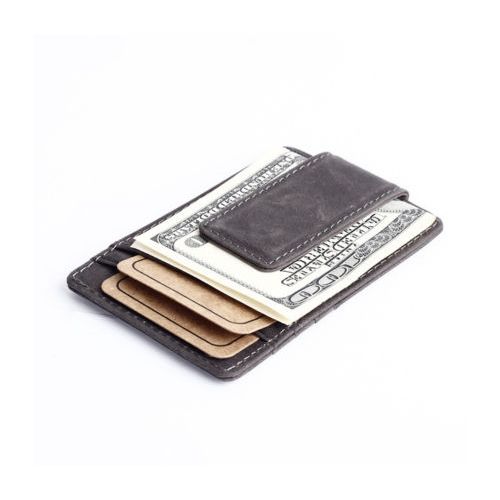 WALLET Slim Leather Wallet With Metal Money Clip - Dark Brown